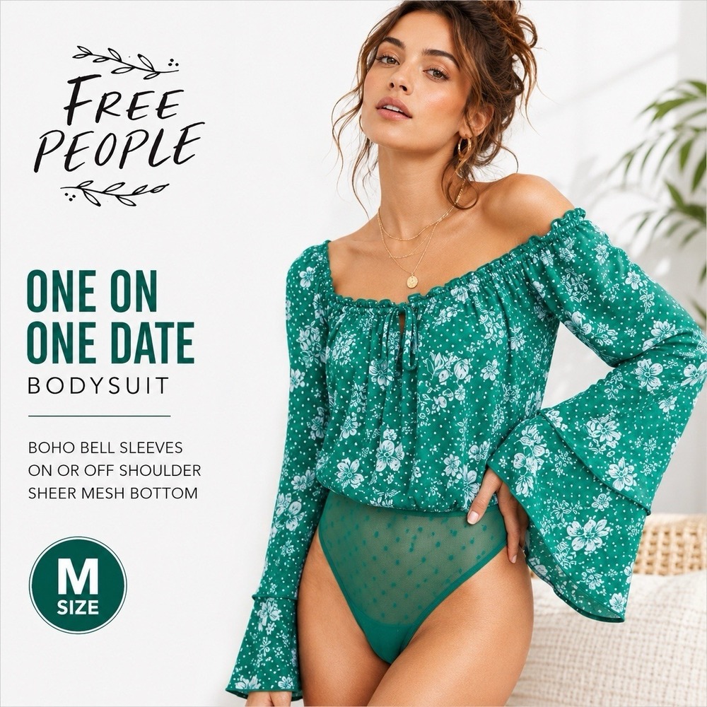 Free People One On One Date Bodysuit Emerald Floral Bell Sleeve Peasant Boho M